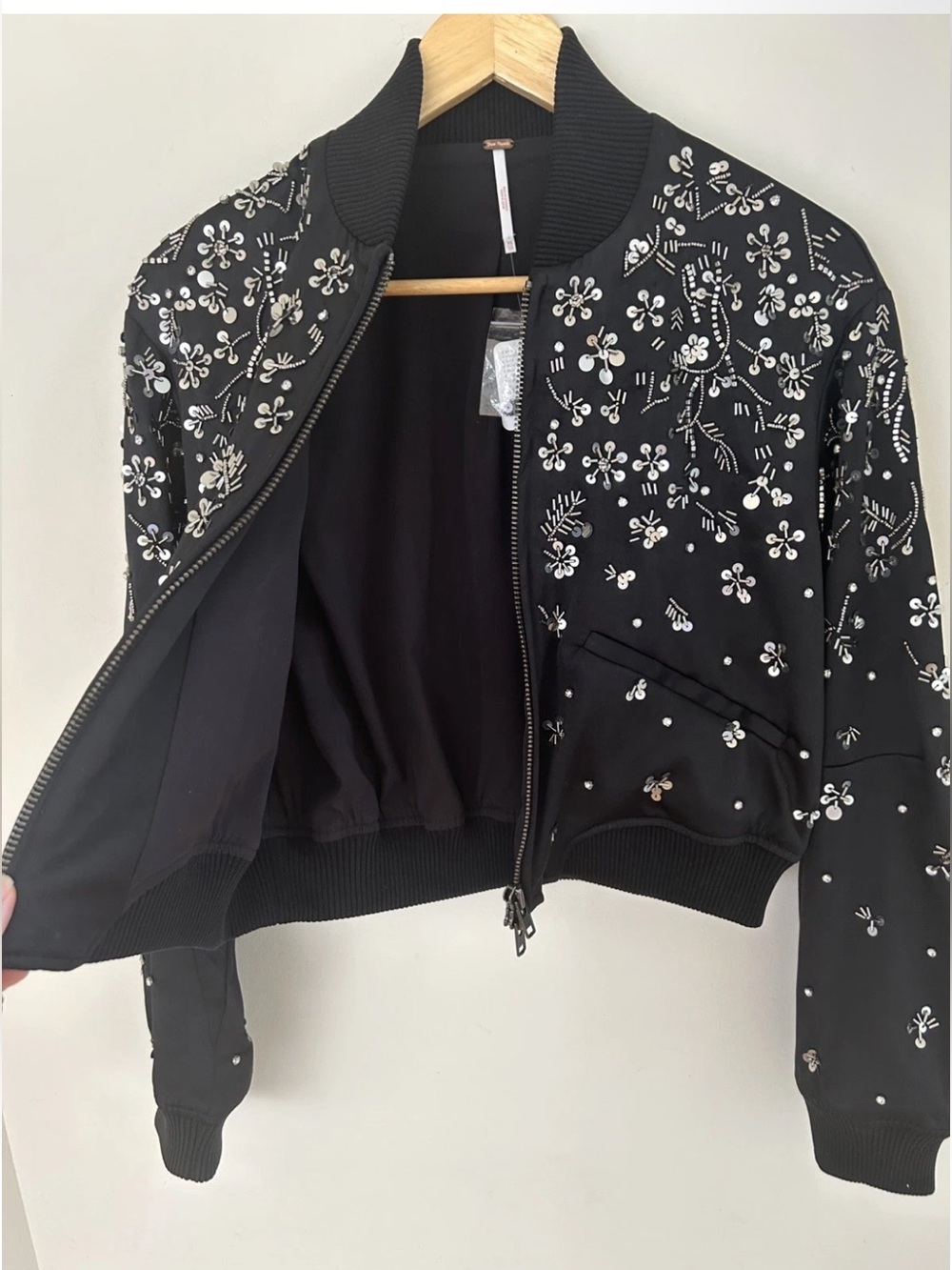 Free People Stassi Black Satin Embellished Beaded Bomber Jacket NWT Size XS - Picture 7 of 11